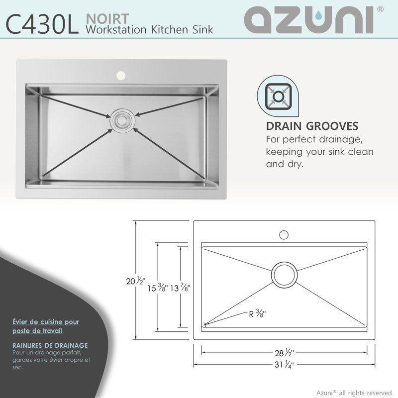 AZUNI Dropin 31 inch Stainless steel Single Bowl Kitchen Sink